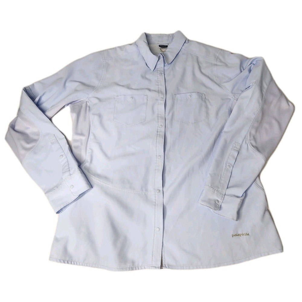 Patagonia Shirt Women's XL Light Blue Button Snap Long Sleeve Outdoor Hiking Zip